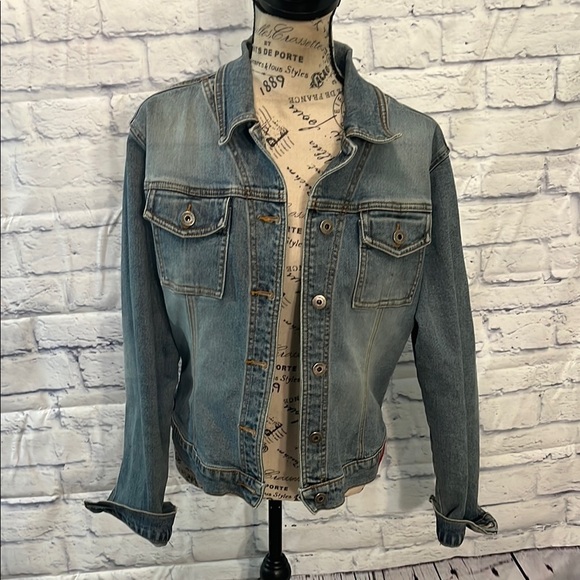 Guess Denim Jacket Size Large Stretch Chest Pockets - Picture 1 of 8
